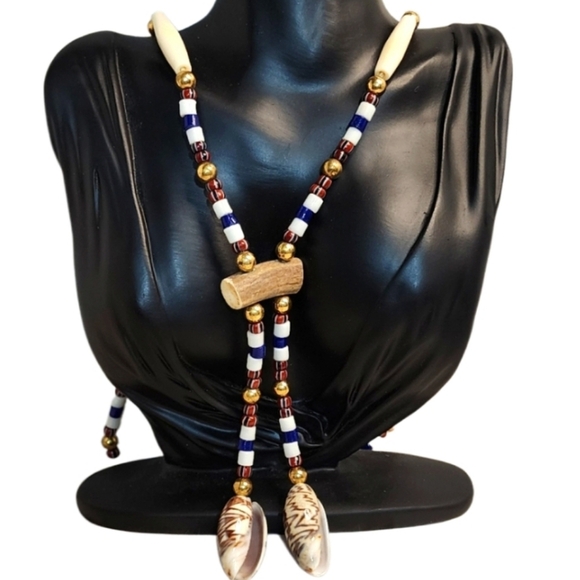 Vintage 1980s Tribal Bolo Necklace Shell Tips Antler Slide Beaded Southwestern